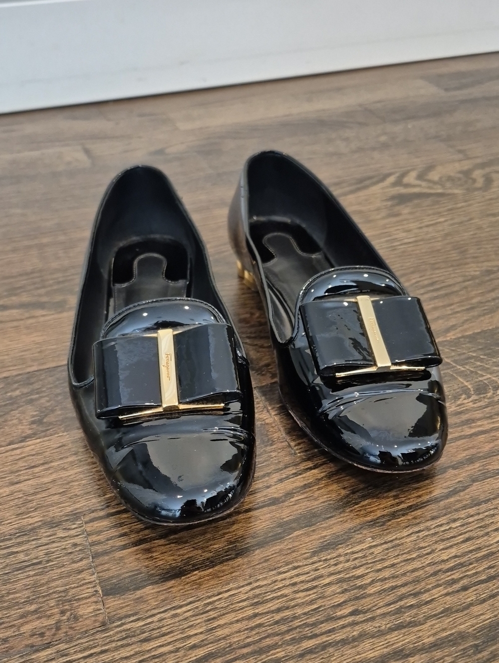 Salvatore Ferragamo Black Patent Vara Bow Loafers